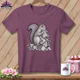 Mauve t-shirt featuring a black and white graphic of a squirrel holding patterned quilt scraps.