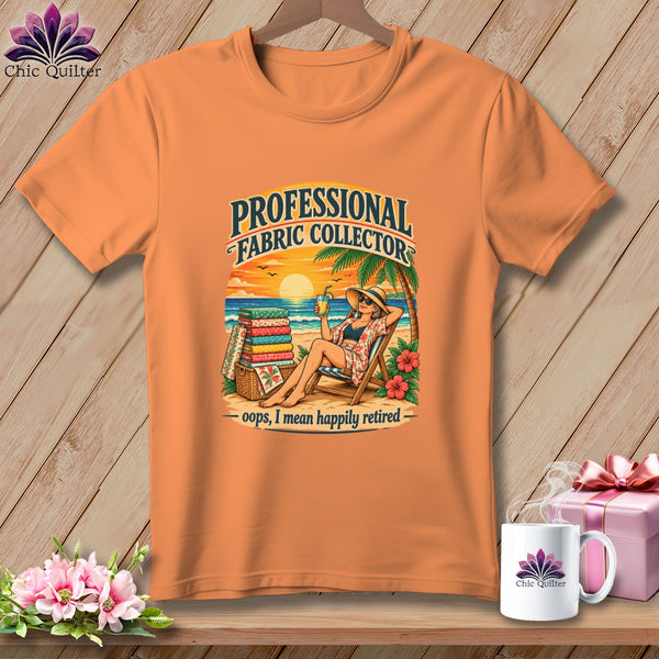 Orange short-sleeve t-shirt featuring a beach graphic with a woman relaxing and text reading Professional Fabric Collector.