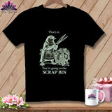 Black t-shirt with a bird holding scissors and a basket of fabric scraps, text 
