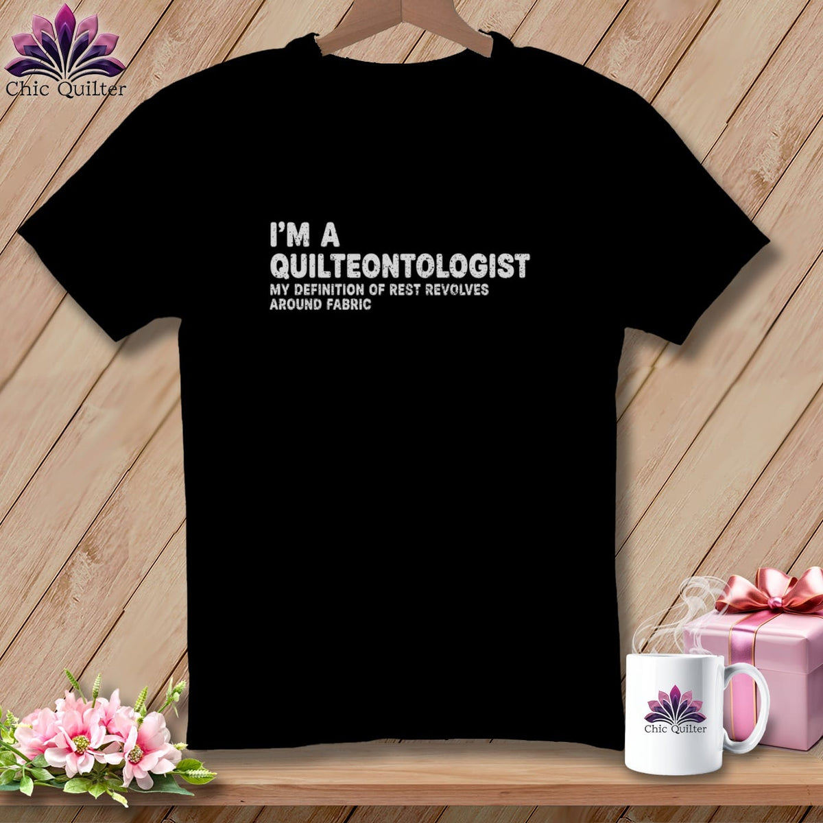 Black t-shirt with white text "I'm a Quilteontologist".