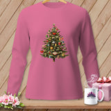 Pink long-sleeve shirt with a Christmas tree decorated with sewing notions.