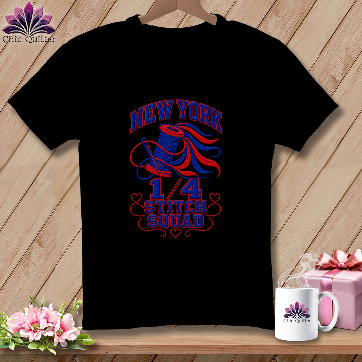 Black t-shirt featuring a blue and red embroidered graphic with the text New York 1/4 Stitch Squad.