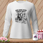 White long sleeve shirt with a skunk and sewing supplies graphic that reads "Sew Done With Your Sh*t".