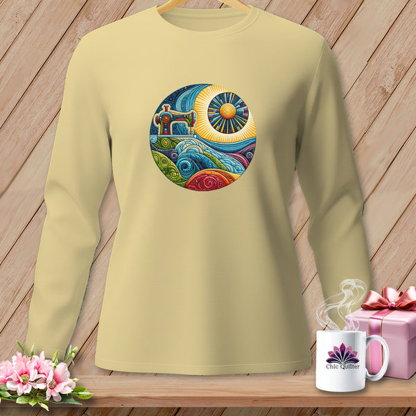 Beige long-sleeve shirt with circular sewing and sun graphic.