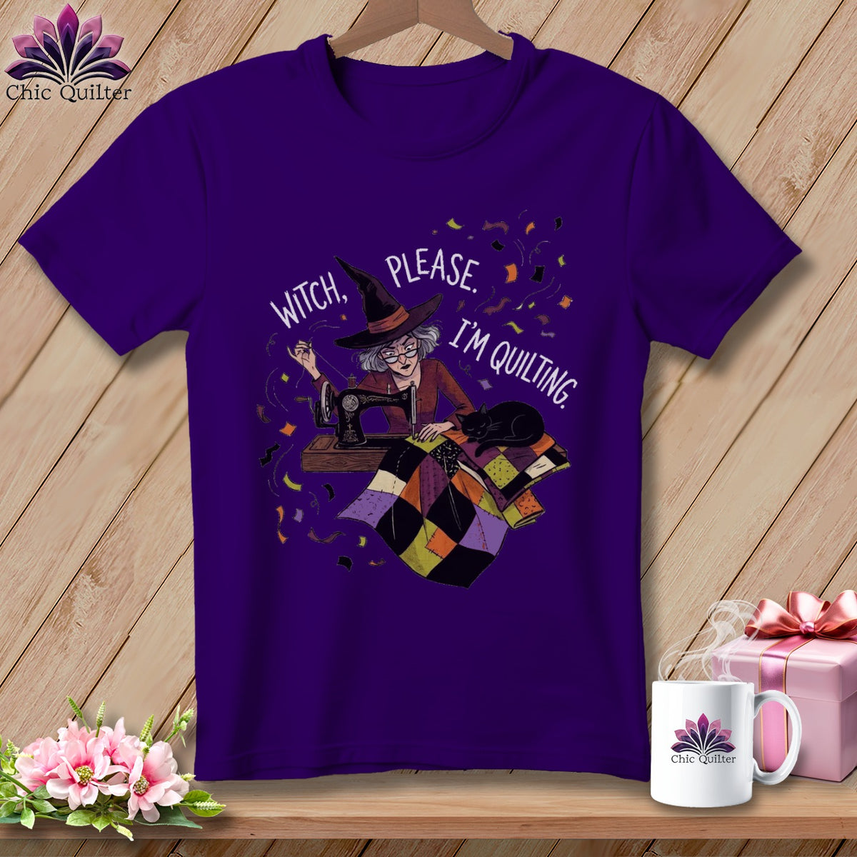 Purple t-shirt with witch at sewing machine and text "Witch, Please. I'm Quilting."