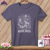 T-shirt graphic: scenic route, quilt patterns, mountains, sun, and 
