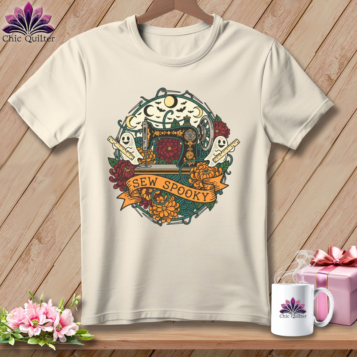 Cream t-shirt with Halloween sewing graphic and "Sew Spooky" text.