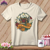 Cream t-shirt with Halloween sewing graphic and 
