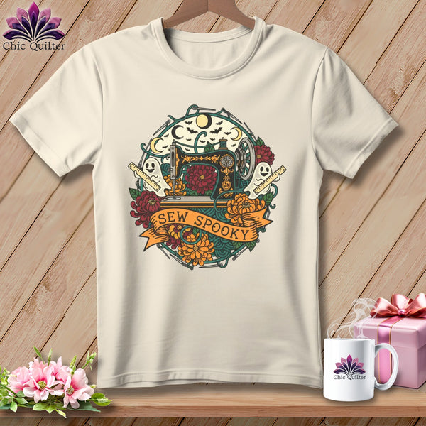 Cream t-shirt with Halloween sewing graphic and "Sew Spooky" text.
