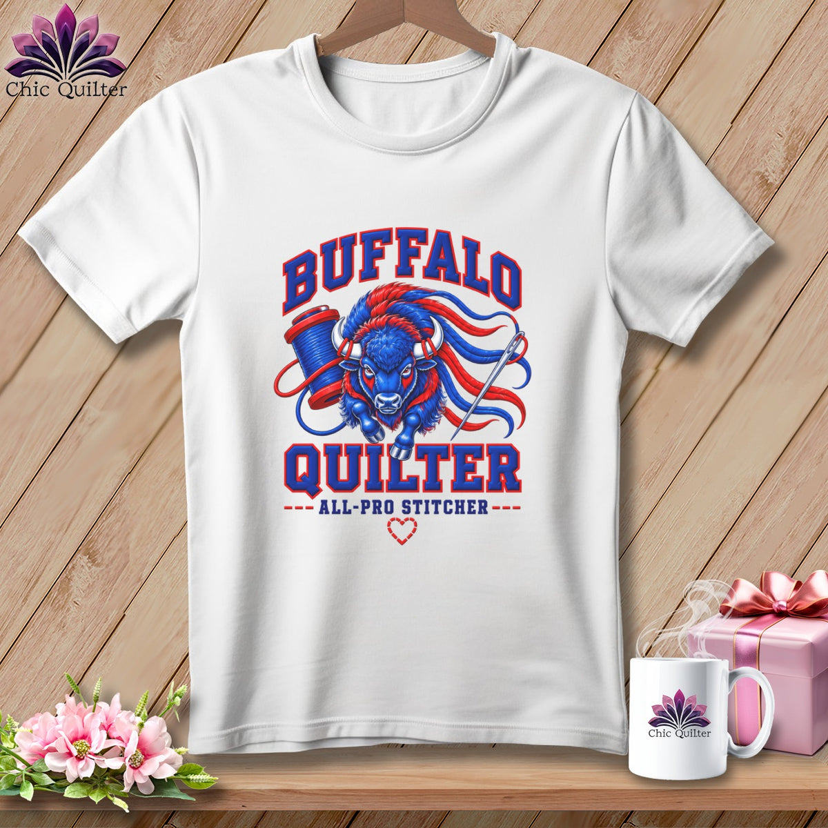 White t-shirt hanging on a wooden background, featuring a buffalo graphic and the text Buffalo Quilter.