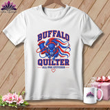 White t-shirt hanging on a wooden background, featuring a buffalo graphic and the text Buffalo Quilter.