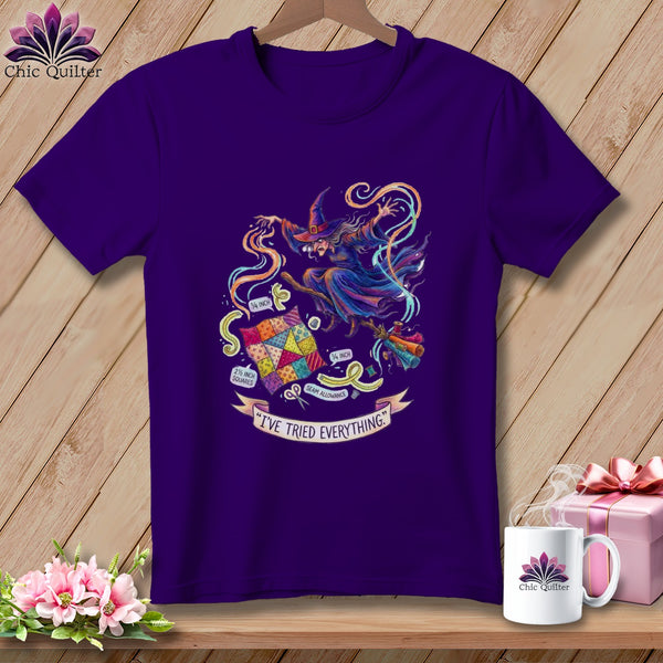 Purple t-shirt with a witch illustration, patchwork squares, and text "I'VE TRIED EVERYTHING."
