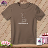 Brown t-shirt with sewing machine, moon, stars, and text 