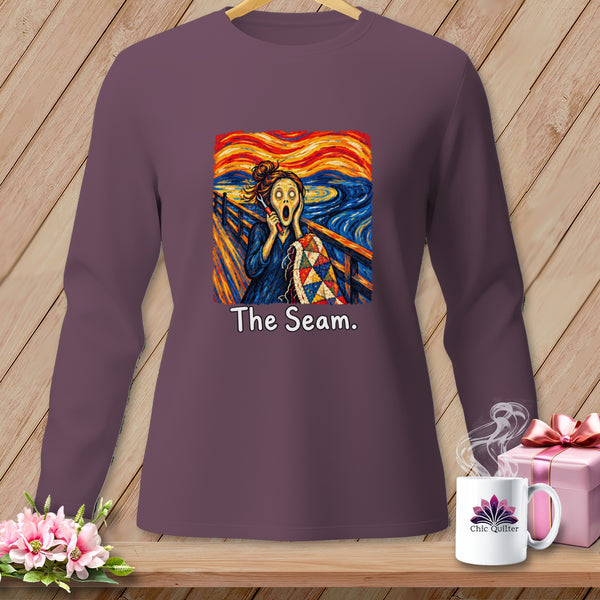 Long-sleeved shirt with a "Scream" parody featuring a quilter and "The Seam." text.