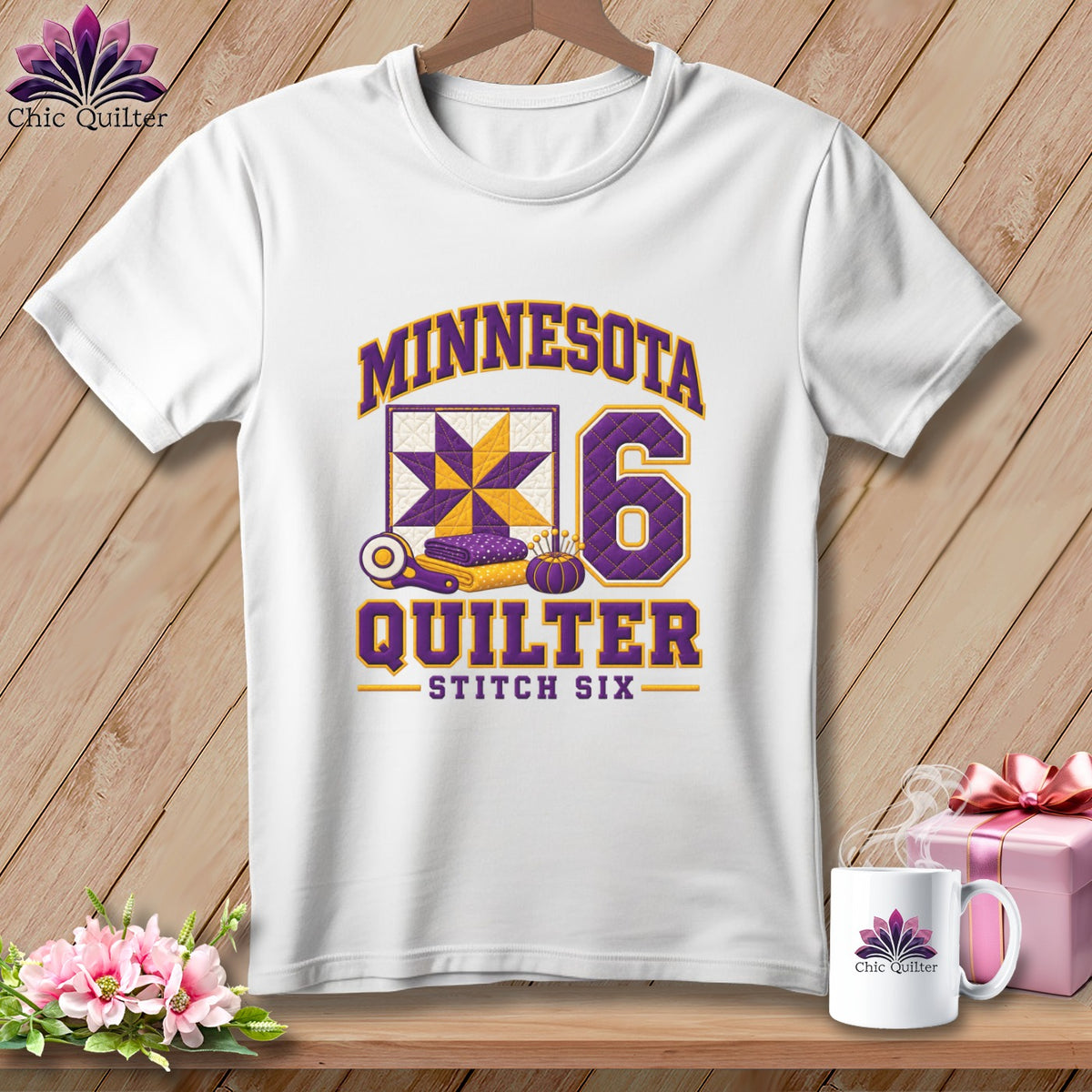 A white t-shirt features purple and yellow text reading Minnesota Quilter Stitch Six alongside a quilt block graphic and the number six.