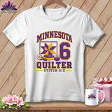 A white t-shirt features purple and yellow text reading Minnesota Quilter Stitch Six alongside a quilt block graphic and the number six.