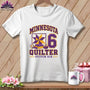 A white t-shirt features purple and yellow text reading Minnesota Quilter Stitch Six alongside a quilt block graphic and the number six.