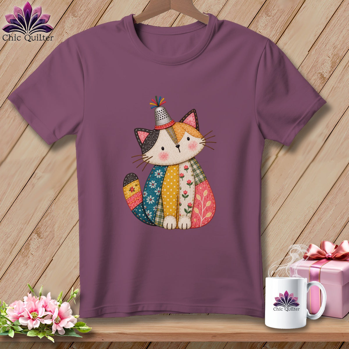 Purple t-shirt featuring a cute, quilted patchwork cat wearing a thimble hat, displayed on a wooden background.