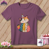Purple t-shirt featuring a cute, quilted patchwork cat wearing a thimble hat, displayed on a wooden background.