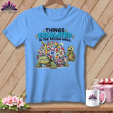Light blue t-shirt with turtles and quilted pattern, text reads 