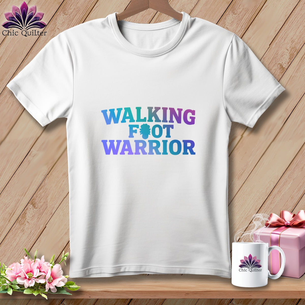 White t-shirt with "WALKING FOOT WARRIOR" text in gradient colors.