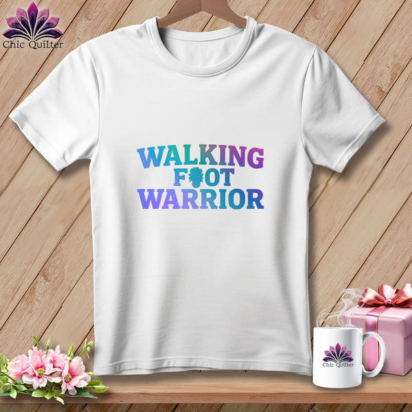 White t-shirt with "WALKING FOOT WARRIOR" text in gradient colors.