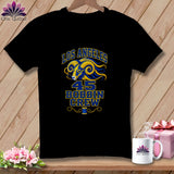 A black t-shirt featuring a blue and yellow ram graphic with text reading Los Angeles 45 Bobbin Crew.