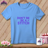 Light blue t-shirt with purple text that reads 