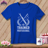 Blue t-shirt with white sewing tools, laurel wreath, and text 