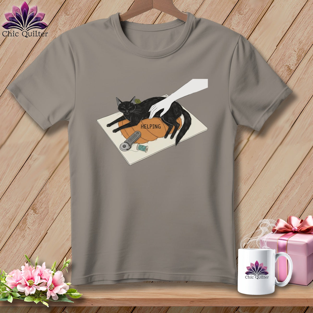 Illustration of a black cat relaxing on a pumpkin with a hand petting it.