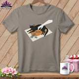 Illustration of a black cat relaxing on a pumpkin with a hand petting it.