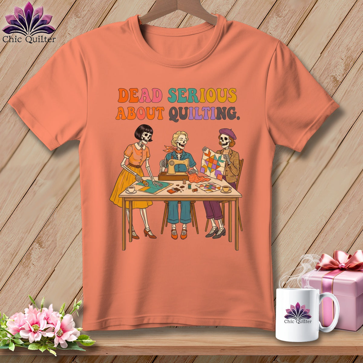 Skeleton quilters sew at a table with the text "Dead Serious About Quilting."