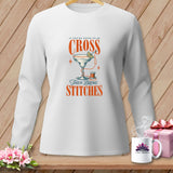 White long-sleeve shirt with graphic text 