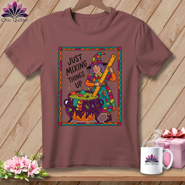 A witch holds a ruler over a cauldron filled with fabric scraps and sewing notions.