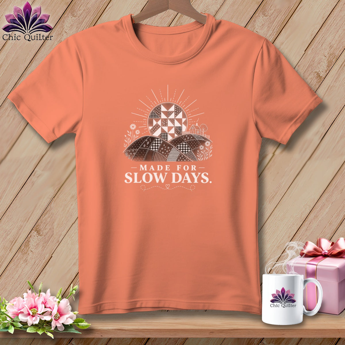 Orange t-shirt with "Made for Slow Days" text and quilt sun graphic.