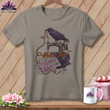 T-shirt with ravens, sewing machine, measuring tape, scissors, and text 