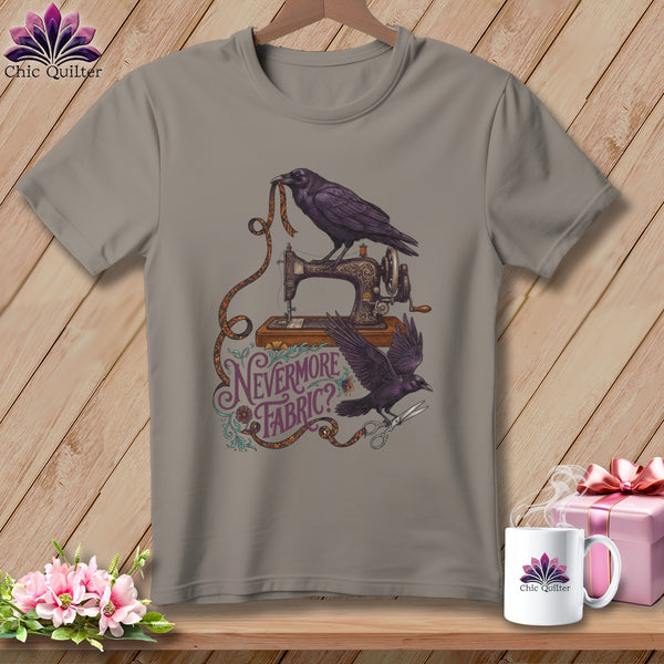 T-shirt with ravens, sewing machine, measuring tape, scissors, and text "Nevermore Fabric?".