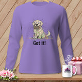 Purple long-sleeve shirt with cartoon of a dog tangled in yarn, saying 