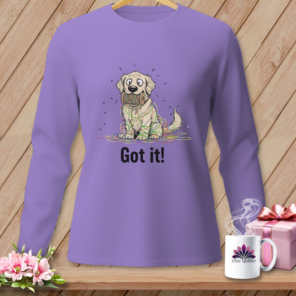 Purple long-sleeve shirt with cartoon of a dog tangled in yarn, saying "Got it!".
