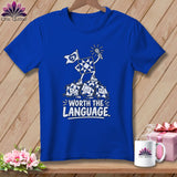Blue t-shirt with cartoon quilt squares and the text 