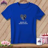 Blue t-shirt with a patchwork heart graphic and the text 