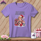 A purple short-sleeved t-shirt featuring a smiling older woman holding a mug beneath text reading Good morning Have a frickin fabric-filled day.