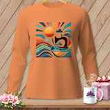 Orange long-sleeve shirt with a colorful graphic of a sewing machine and sun.