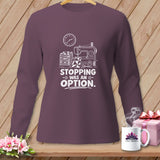 Long sleeve shirt with sewing machine, fabric, and 