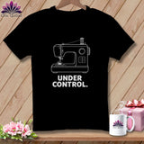 Black t-shirt with white sewing machine graphic and text 