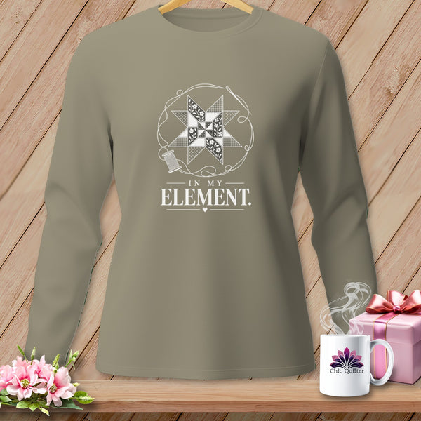 Long-sleeve shirt with quilting star design and "In My Element" text.
