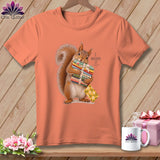 T-shirt with squirrel holding fabric stacks and text 
