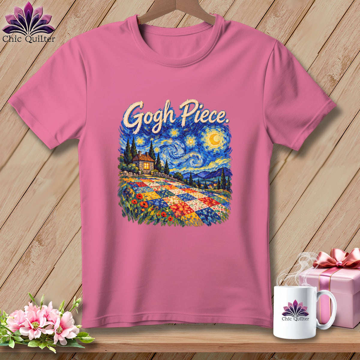 A pink t-shirt featuring a Starry Night graphic with a quilt pathway and text reading Gogh Piece.