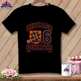Black t-shirt featuring Chicago Quilter Stitch Six text, a quilt block graphic, and the number six.