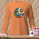 Orange long-sleeve shirt with a circular sewing machine and landscape graphic.